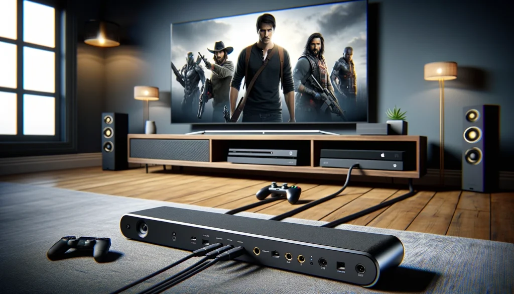 A soundbar connected to a TV, Blu-ray player, and gaming console in a modern living room.