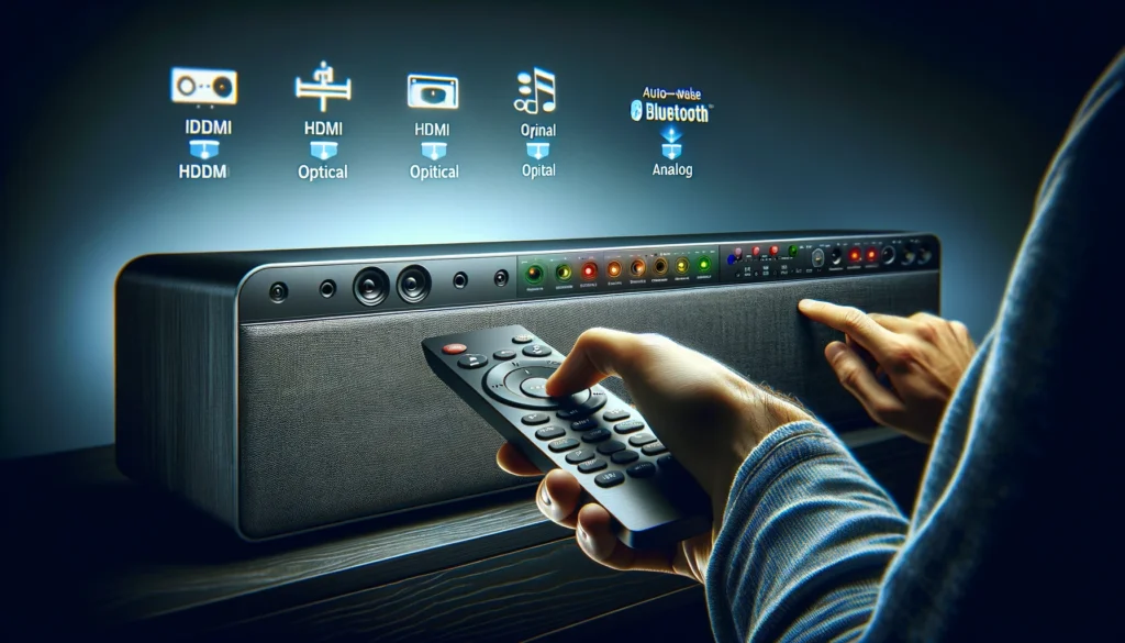 A person using a remote control to select different inputs on a soundbar in a modern home entertainment setup.