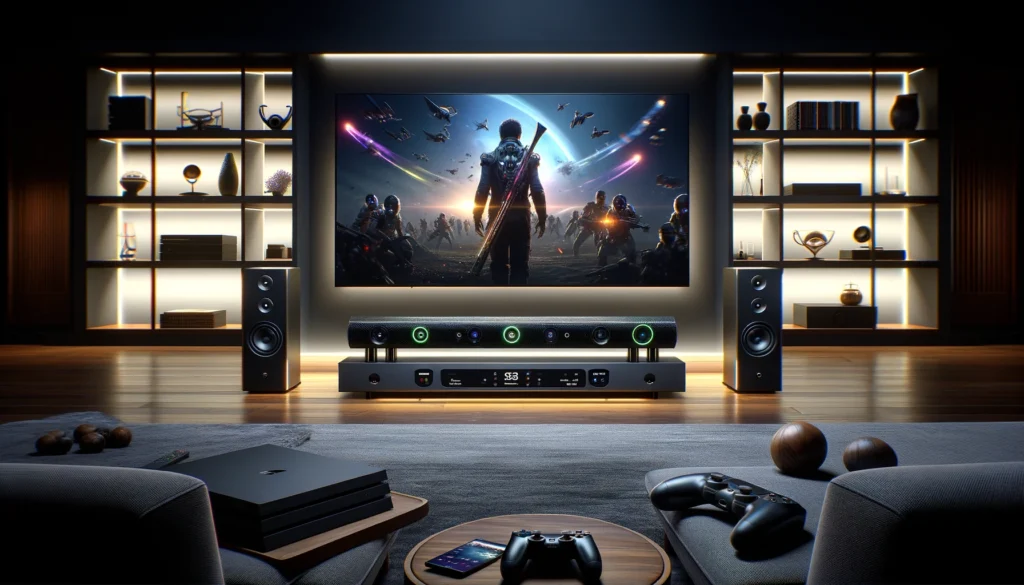A luxurious home theater setup with a premium soundbar, 4K HDR TV, and gaming console.