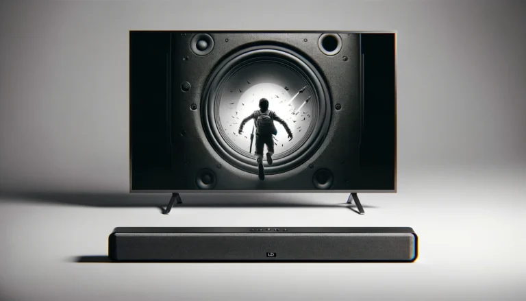 A flat screen TV with weak built-in speakers next to a soundbar providing powerful audio.