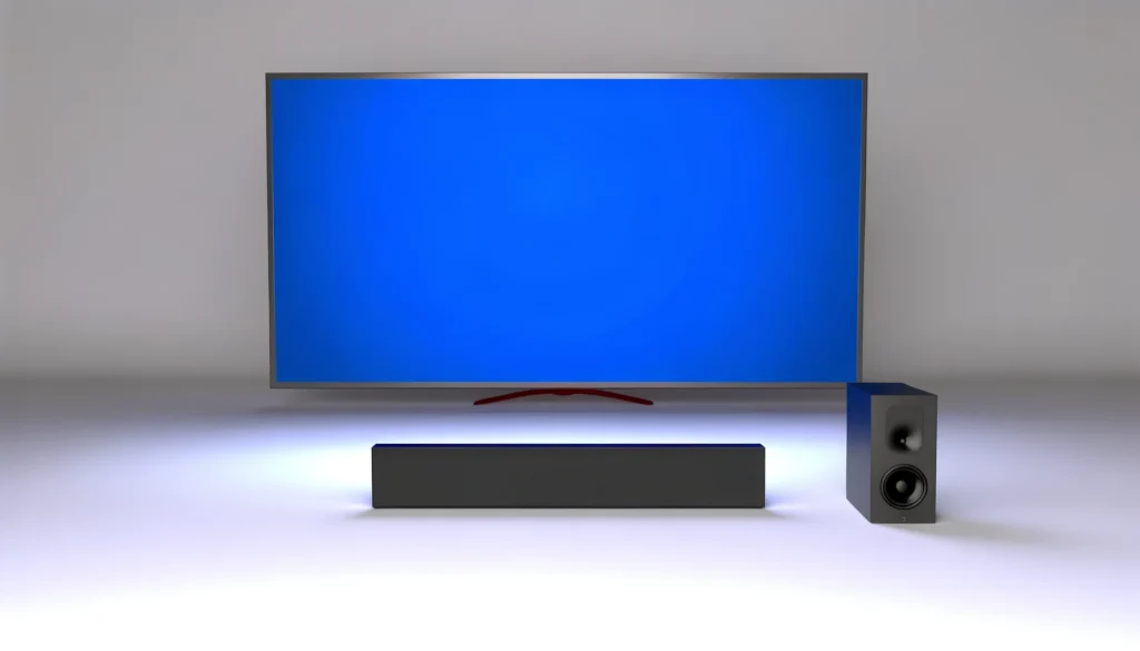 A flat screen TV with inadequate built-in speakers next to a soundbar providing enhanced audio.