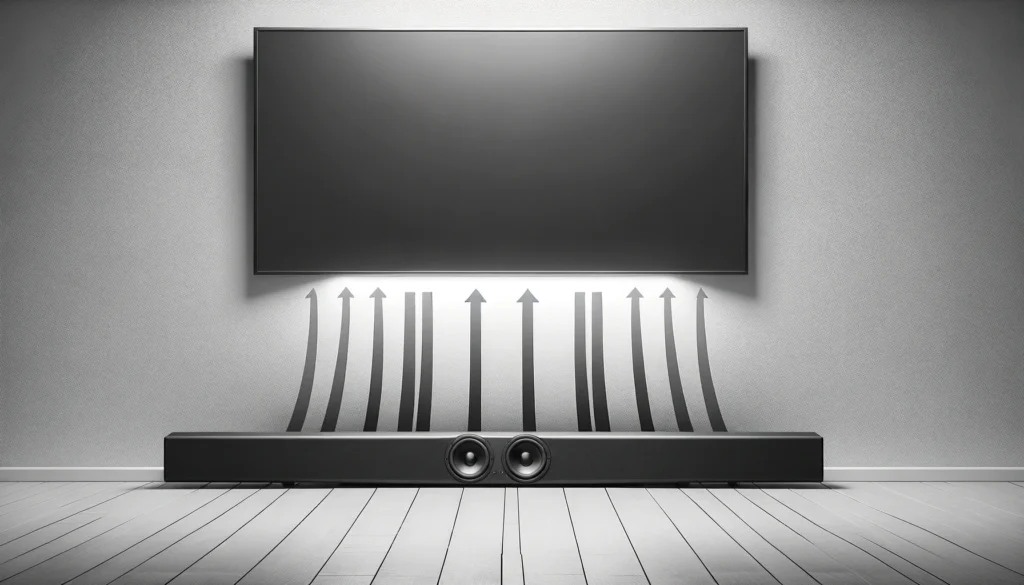 A soundbar positioned directly under a flat screen TV, showcasing optimal speaker placement for unobstructed sound.