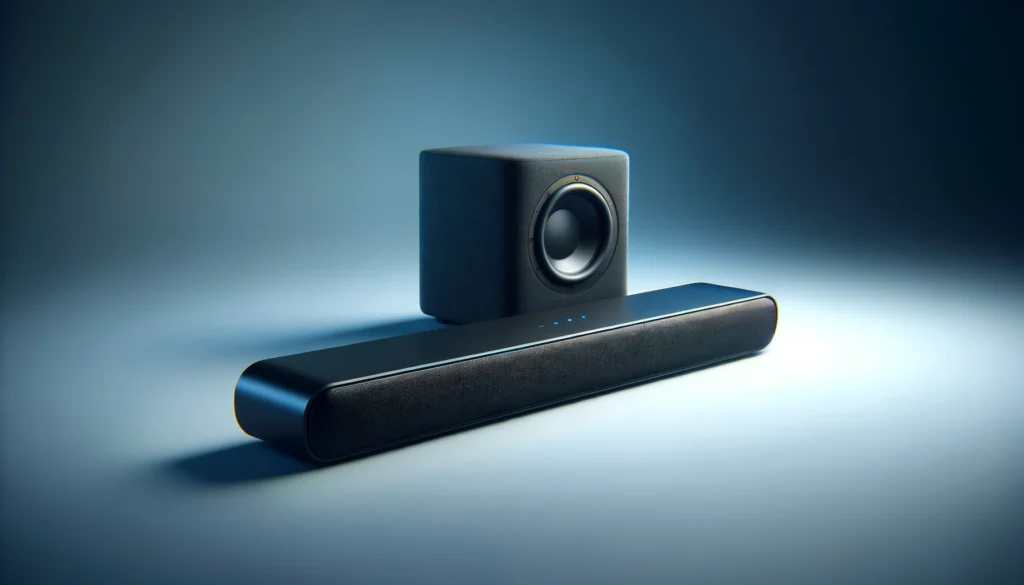 A soundbar paired with a wireless subwoofer, showcasing enhanced bass and audio immersion.