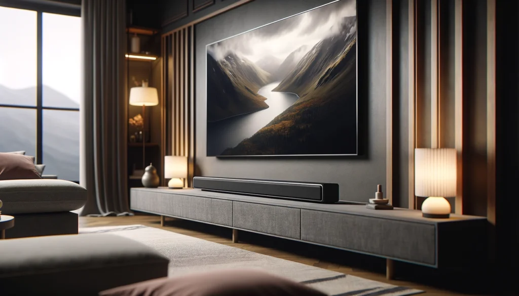 Modern living room with a long soundbar beneath a wall-mounted TV, highlighting the importance of size in soundbar performance.