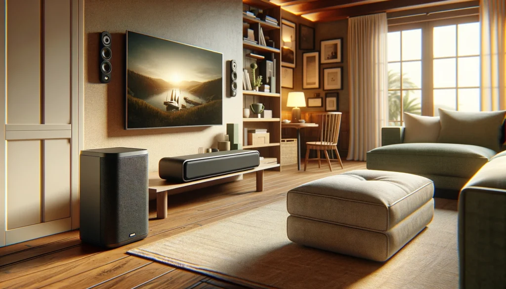 Cozy living room with a compact soundbar and a wireless subwoofer, illustrating how to enhance bass and audio experience.