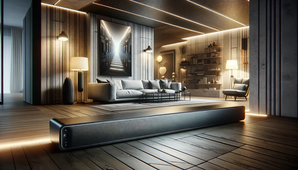 Futuristic living room with a sleek, compact soundbar, highlighting the trend towards space-saving and advanced audio technologies.
