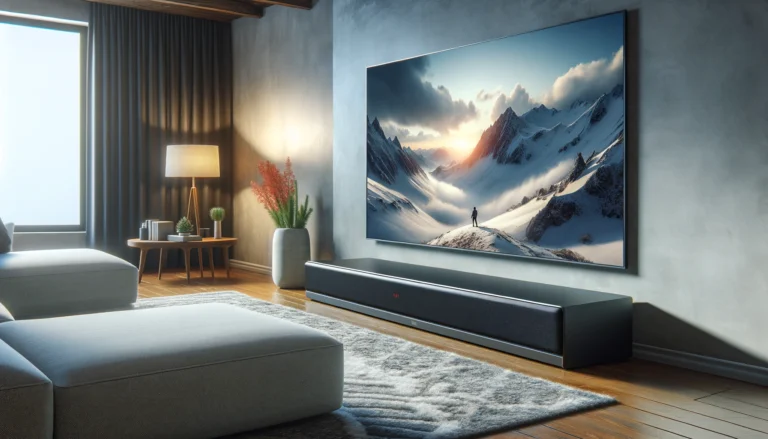 Modern living room with a soundbar beneath a TV, emphasizing seamless audio-video synchronization for an enhanced viewing experience.