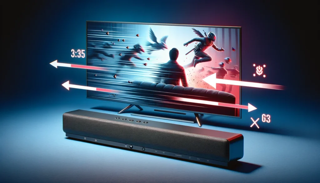 Illustration of soundbar latency with a soundbar and TV showing audio-video mismatch, highlighting the need to address latency for optimal viewing.