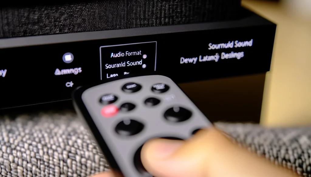 Close-up of a person adjusting soundbar settings with a remote, focusing on audio format and surround sound options to reduce latency.