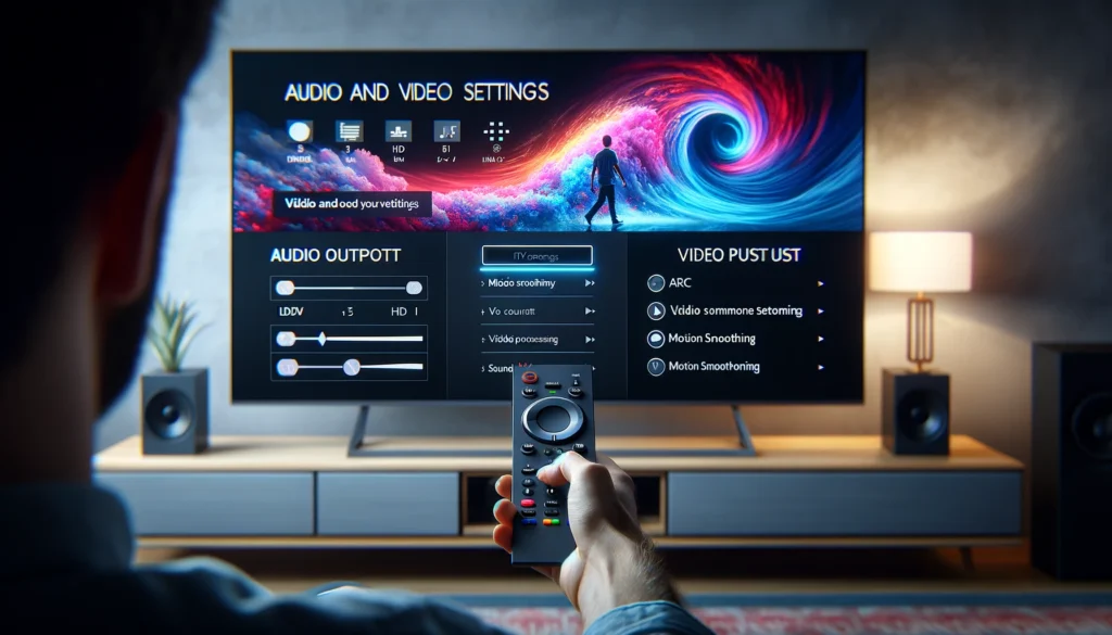  Person adjusting TV settings for audio output and video processing to optimize synchronization with the soundbar and reduce latency.