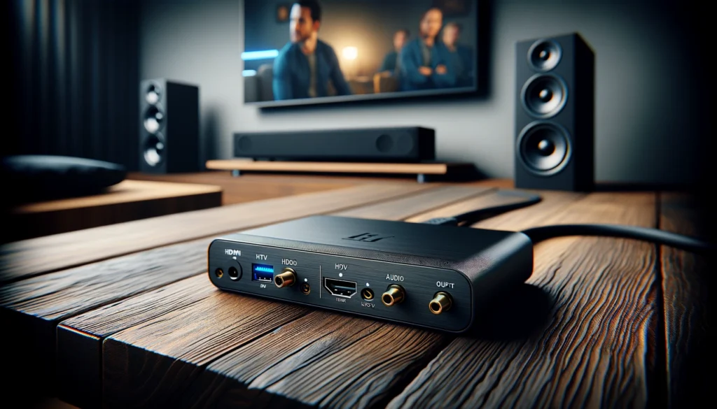 External audio processor connected between a TV and soundbar, highlighting its role in reducing latency and improving audio-video synchronization.