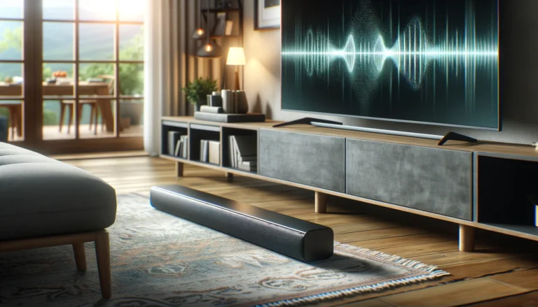 Modern living room with a soundbar beneath a TV, highlighting its role in enhancing audio clarity and speech intelligibility for the hearing impaired.