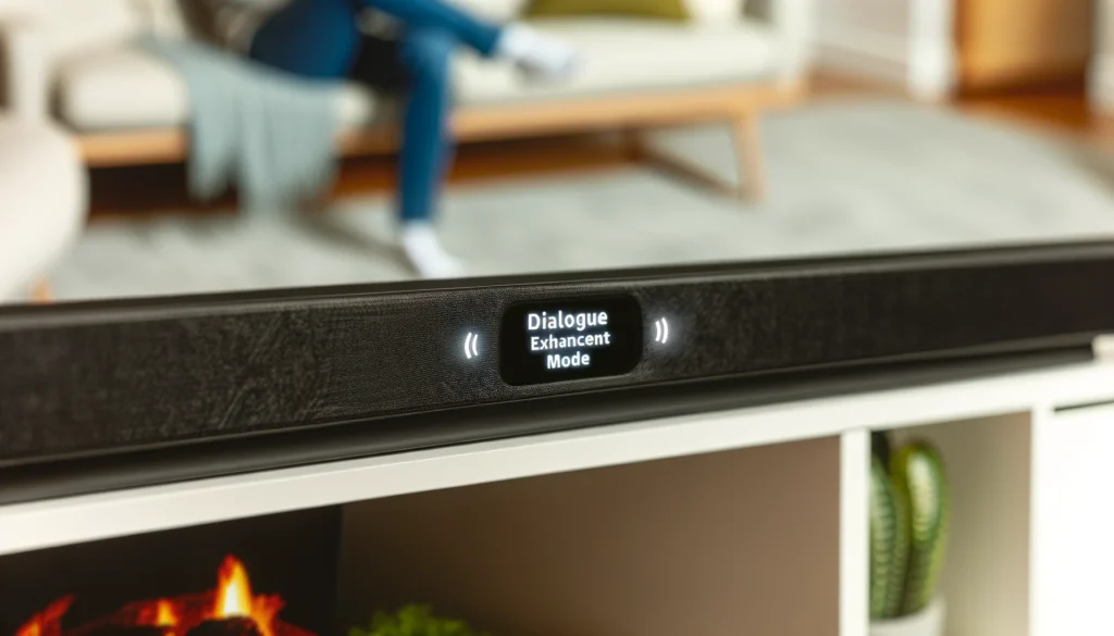 Soundbar with dialogue enhancement mode activated, highlighting its role in improving speech frequencies for the hearing impaired.