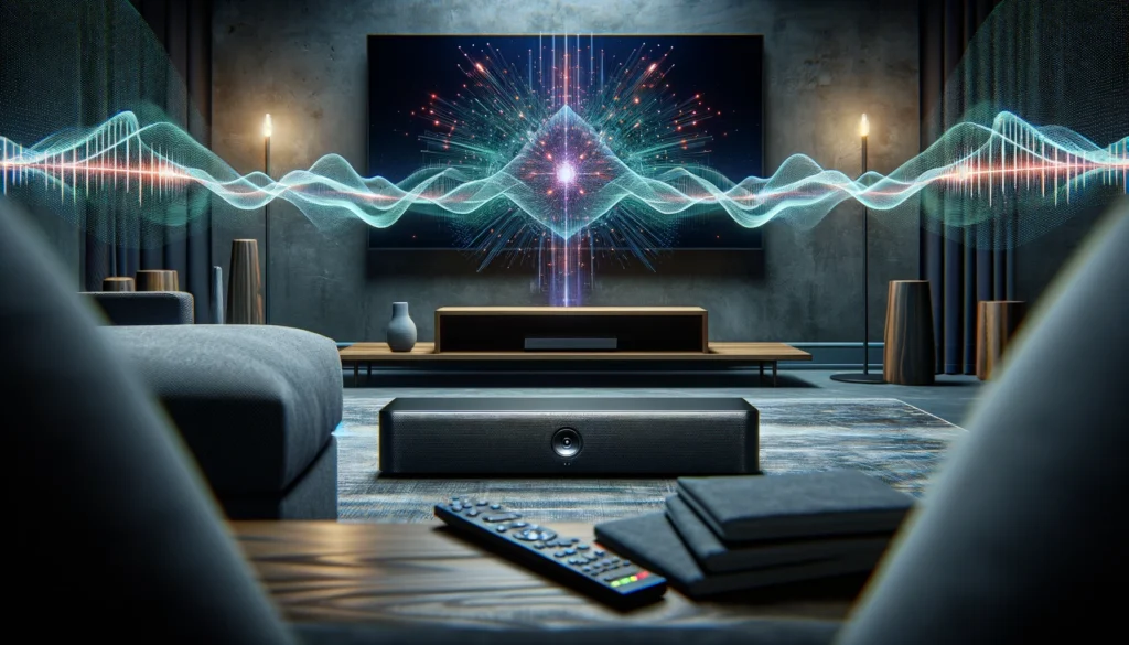 Soundbar in a living room with visual sound waves, highlighting its ability to enhance audio clarity and speech intelligibility.