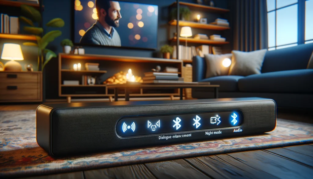  Soundbar with icons for dialogue enhancement, night mode, and Bluetooth, highlighting features that enhance listening for the hearing impaired.