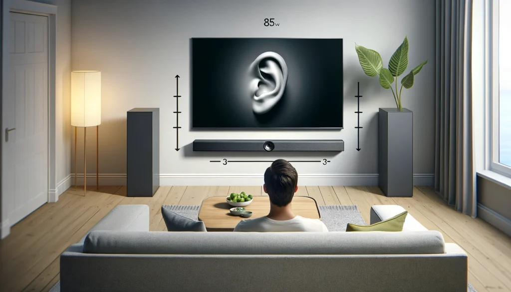 Optimal placement of a soundbar below a wall-mounted TV at ear level, emphasizing the importance of positioning for clear and direct sound delivery.