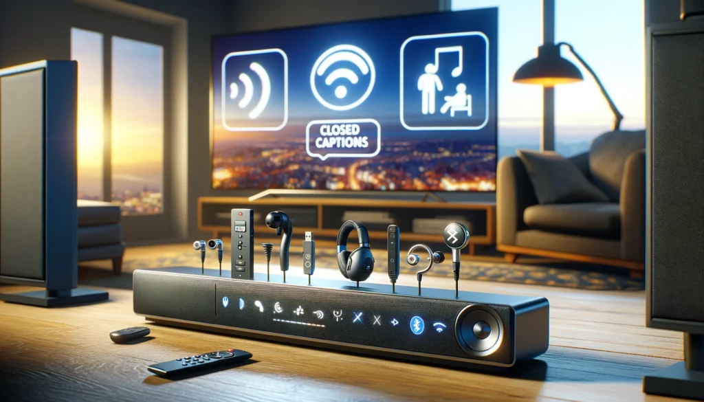 Soundbar connected to closed captions, Bluetooth hearing aids, and a loop system, highlighting integration with assistive technologies for enhanced listening.