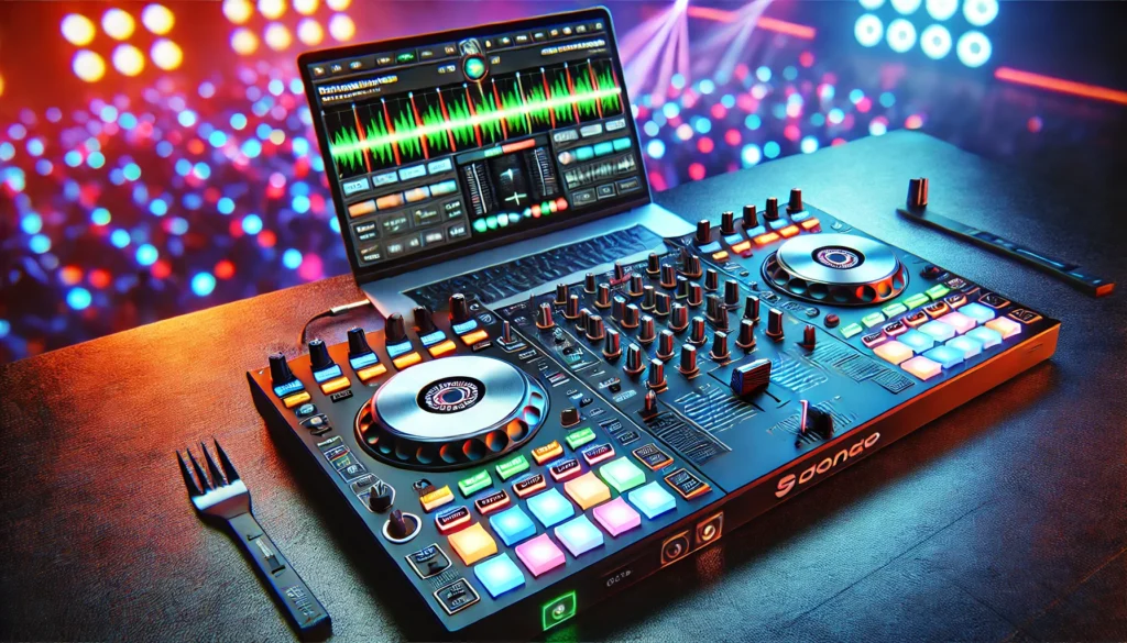 A modern DJ controller setup with jog wheels, knobs, and faders, connected to a laptop displaying DJ software with waveforms and track information. The scene is set in a vibrant club environment with colorful LED lighting, showcasing the compact and versatile nature of DJ controllers as a modern alternative to traditional turntables.