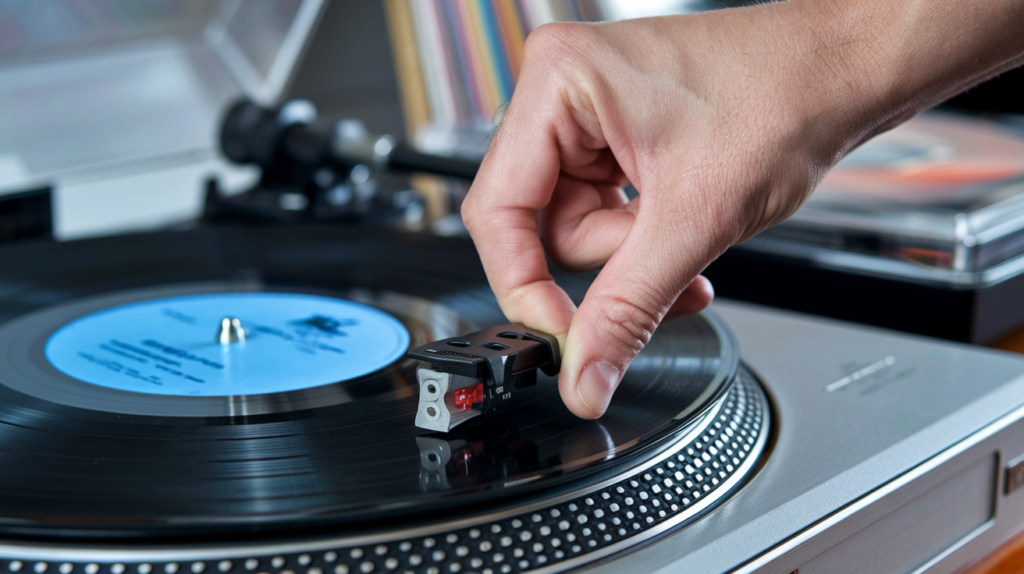 Close-up image of a hand carefully placing the needle onto a spinning vinyl record on a turntable. The scene highlights the delicate process of playing a record, with the vinyl's grooves and the turntable's details clearly visible. In the background, a collection of vinyl records can be seen slightly out of focus.