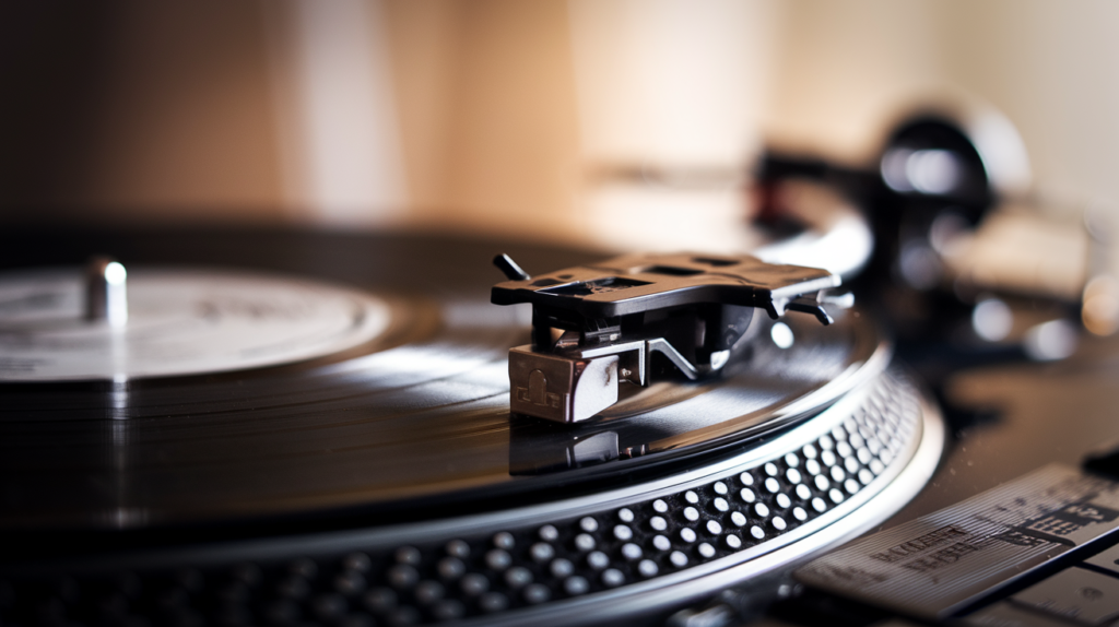 Close-up image of a vinyl record spinning on a turntable, with the needle delicately placed on the record's groove. The warm, soft lighting highlights the intricate details of the turntable and the smooth surface of the vinyl, creating a nostalgic and intimate atmosphere.