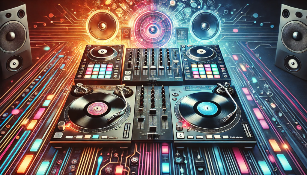 An image of a hybrid DJ setup featuring both traditional vinyl turntables and modern digital DJ controllers, with a vibrant and colorful atmosphere blending retro and futuristic elements