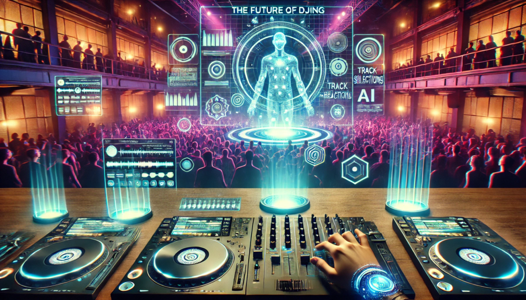 A futuristic DJ setup with a combination of traditional turntables, digital controllers, and augmented reality interfaces, showcasing holographic displays and AI-assisted mixing tools in a high-tech club environment.