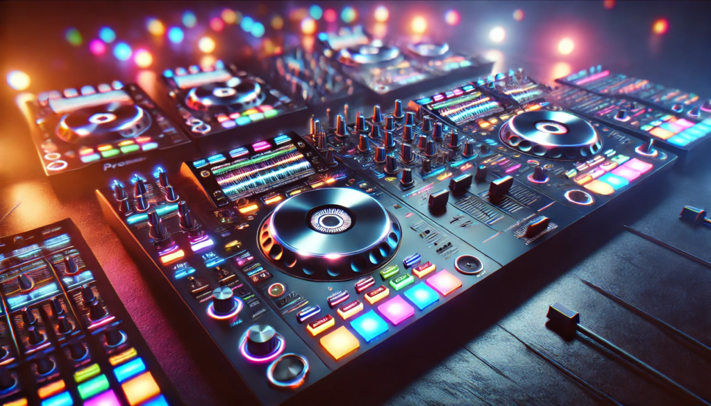 A vibrant and colorful image showcasing a modern DJ controller setup, featuring digital screens, buttons, and knobs, all illuminated in a dark room