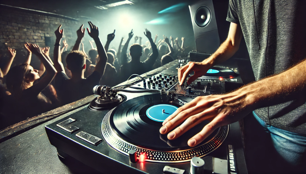 A dynamic scene of a DJ manipulating vinyl records on turntables in an underground club, with a lively crowd dancing in the background