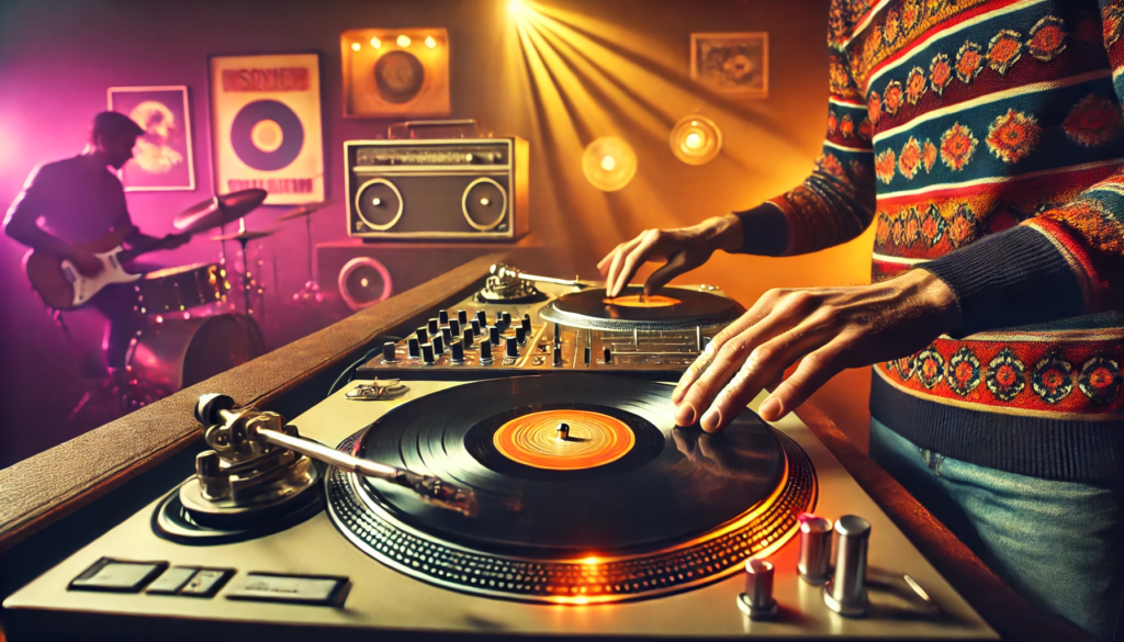 A retro-themed club setting where a DJ skillfully manipulates vinyl records on turntables, with warm lighting and vintage decor in the background