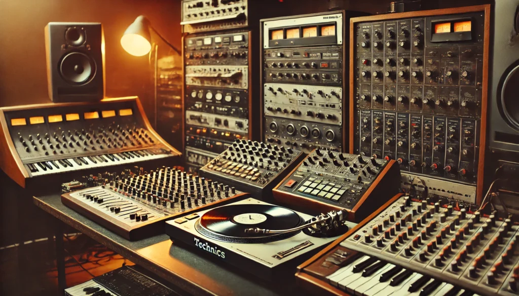 A vintage recording studio featuring a Technics SL-1200 turntable, vintage synthesizers, drum machines, a Soundcraft analog mixer, and tape machines. The warm, dim lighting highlights the organized chaos of cables and equipment, evoking a creative, experimental atmosphere where Portishead's iconic sound came to life.
