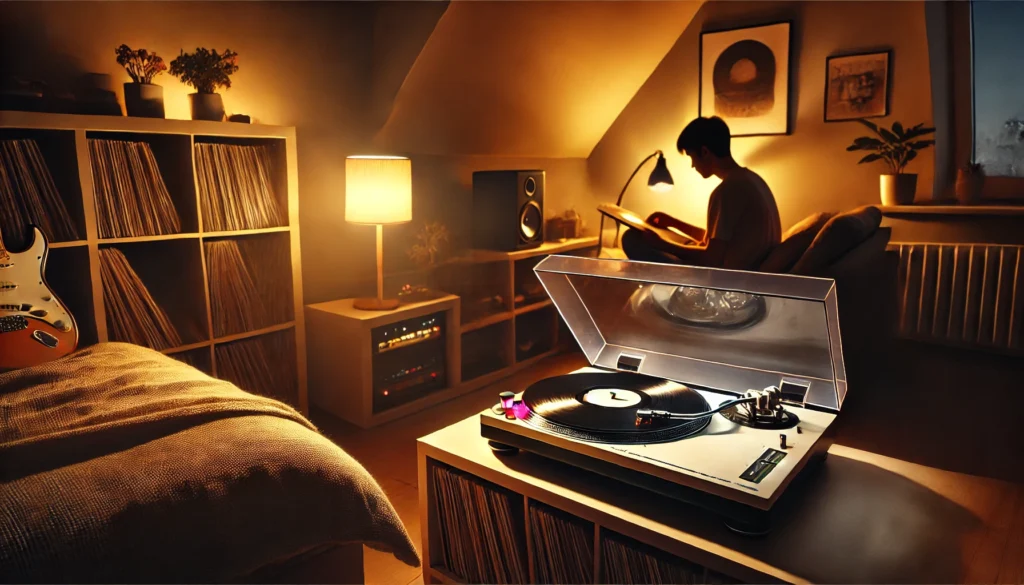 A cozy room with a turntable setup illuminated by soft, warm lighting to reduce eye strain during long listening sessions. A person sits comfortably, flipping through vinyl records, with the ambient lighting providing just enough visibility to avoid discomfort, creating a relaxed and inviting atmosphere perfect for extended music enjoyment.