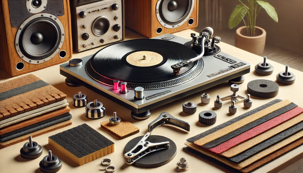 A vinyl turntable setup featuring a record clamp on a spinning vinyl record, with alternative turntable mats like cork, rubber, and carbon fiber displayed nearby. Isolation feet under the turntable enhance stability. The cozy listening space includes speakers and vinyl records, highlighting different tools for improving sound quality and offering alternatives to using a record weight.