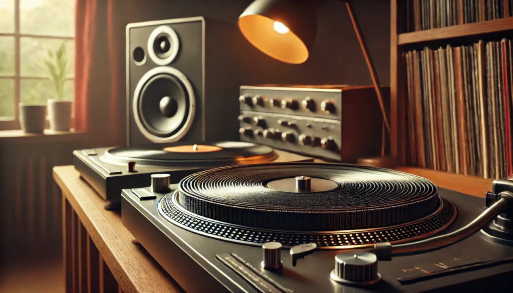 A turntable setup with the belt in focus, highlighting the typical 3 to 5-year lifespan under regular use. The cozy listening environment features vinyl records and speakers in the background, emphasizing factors like quality and usage that affect belt longevity.