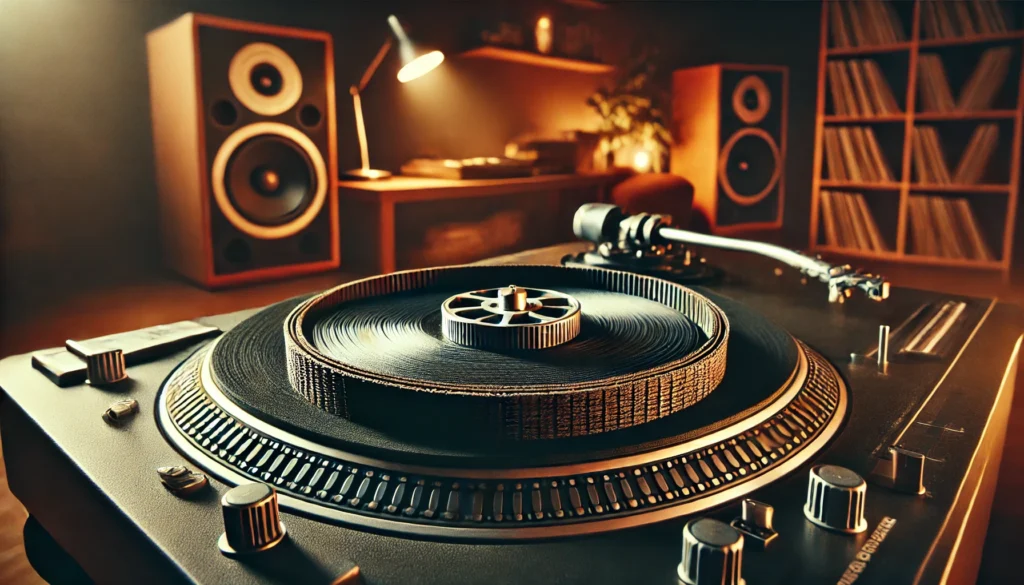 A close-up of a worn-out turntable belt showing cracks and frays, highlighting the need for replacement. The cozy listening space includes warm lighting, vinyl records, and speakers in the background, emphasizing performance issues such as pitch inconsistencies and speed fluctuations that signal it's time to replace the belt.