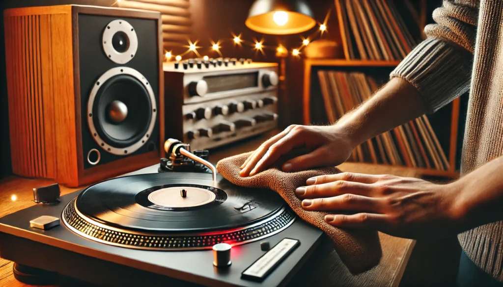 A cozy vinyl turntable setup showing a person gently cleaning the belt with a soft, lint-free cloth. The background features warm lighting, vinyl records, and speakers, emphasizing the importance of proper care and storage in a cool, dry environment to extend the life of the turntable belt.