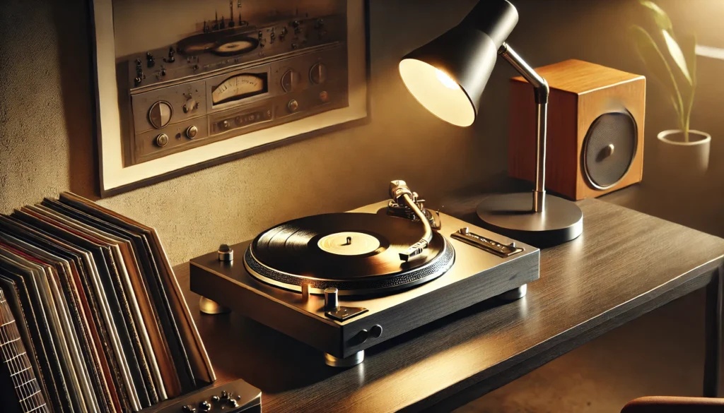 A cozy, minimalist turntable setup on a sleek wooden table with a vinyl record spinning. The tonearm is lowered onto the record, and soft ambient lighting creates a warm atmosphere. Vinyl records are leaning against the table, adding to the warm, music-focused vibe of the space.