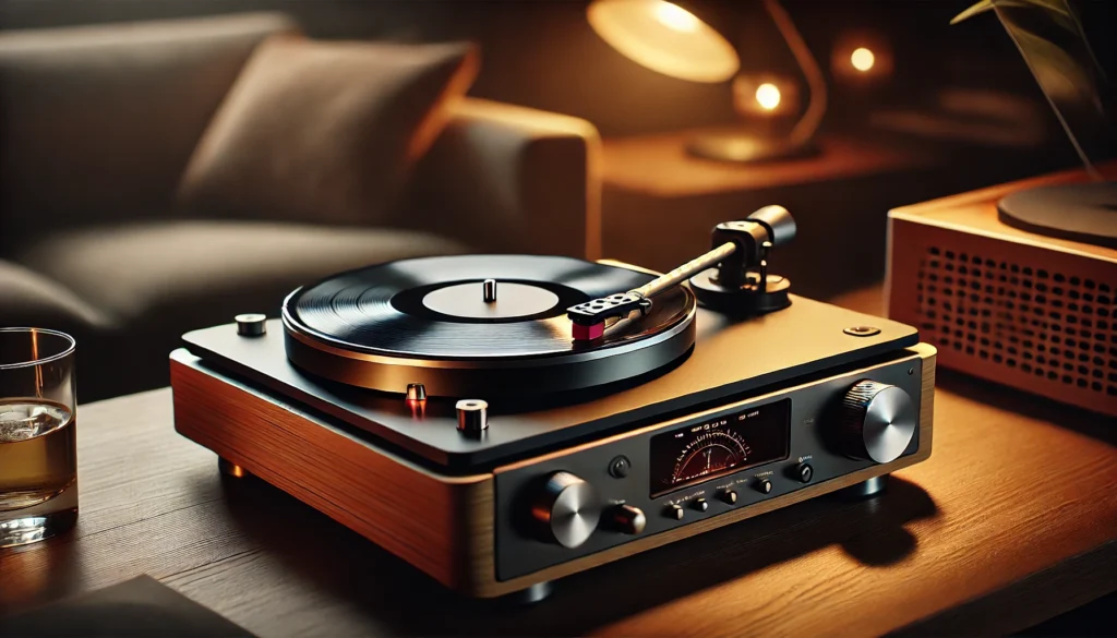 Close-up view of a modern turntable showcasing the platter, tonearm, and cartridge setup on a sleek wooden surface with warm ambient lighting in the background.