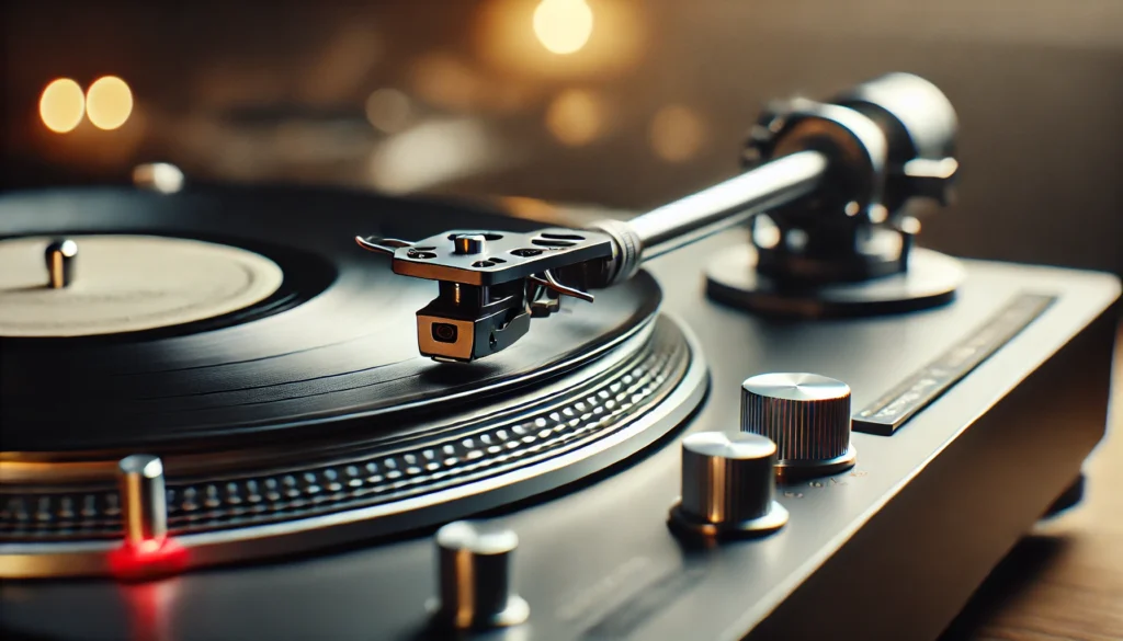 A detailed close-up view of a turntable's tonearm and anti-skate mechanism, with the tonearm positioned on a spinning vinyl record and the anti-skate dial visible, highlighting its role in balancing the stylus' movement.