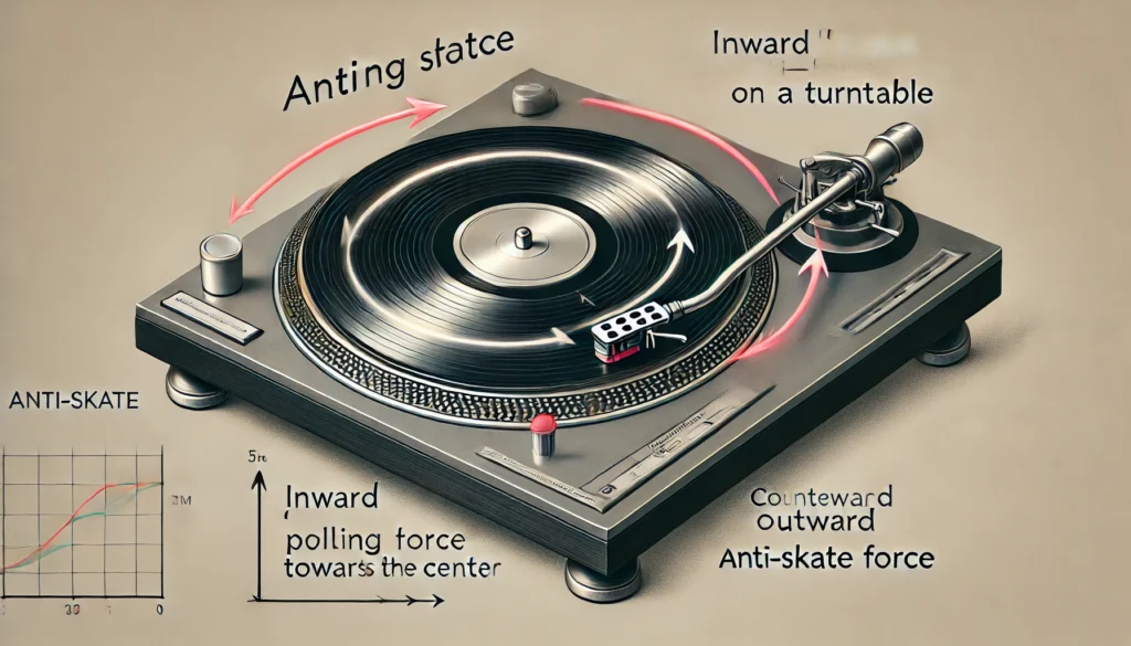 n illustration showing the physics behind anti-skate on a turntable, with arrows indicating the inward "skating force" pulling the tonearm towards the center and the counteracting outward anti-skate force. The stylus tracks the vinyl groove.