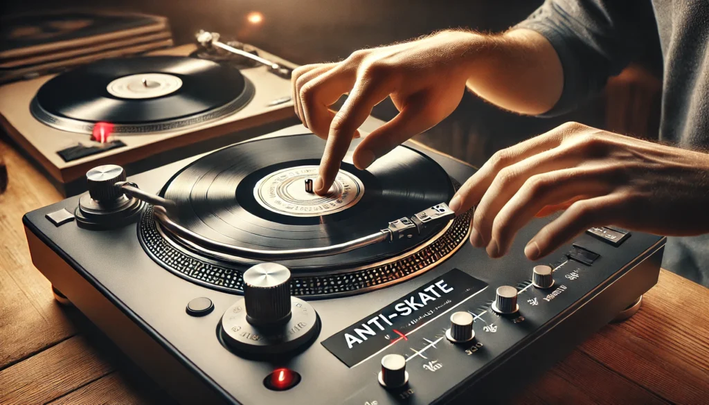 A person adjusting the anti-skate on a modern turntable, using a blank test record and carefully watching the tonearm's movement. The cozy environment includes vinyl records nearby, emphasizing the precision of setting up anti-skate for balanced sound.