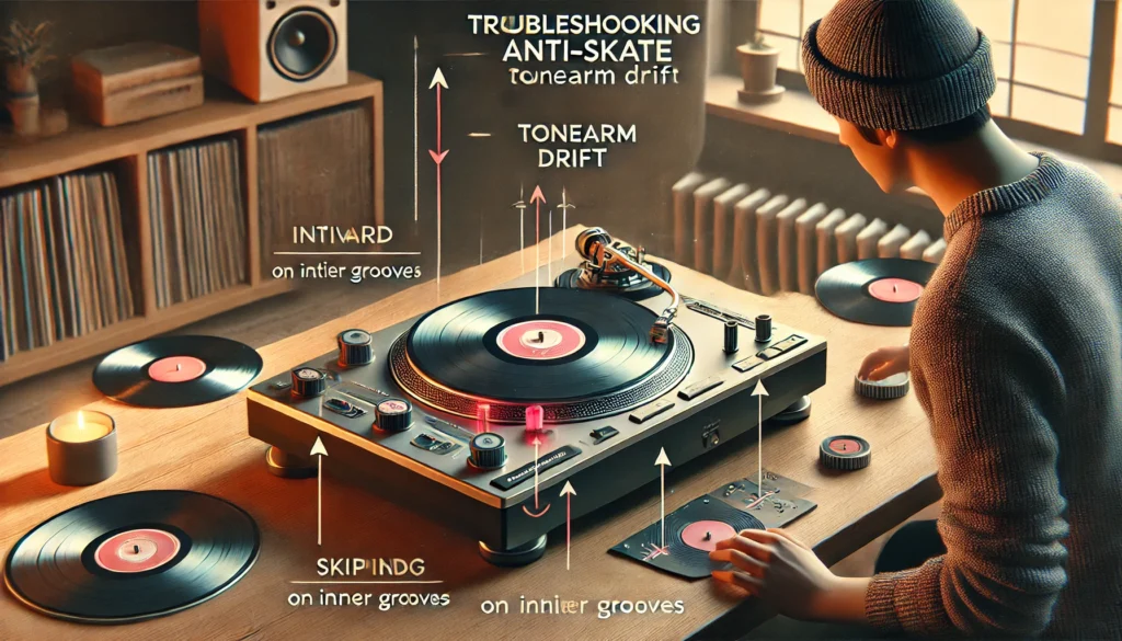 A person troubleshooting anti-skate issues on their turntable, adjusting the anti-skate dial to fix tonearm drift or skipping on inner grooves. Visual cues show inward and outward drift, and the cozy room highlights the importance of fine-tuning for sound quality.