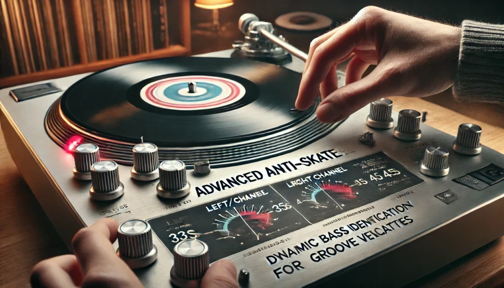 A person using a test record to adjust the anti-skate on a turntable, with indicators for both 33s and 45s speeds, fine-tuning the setup for dynamic, bass-heavy music. The cozy setting emphasizes precision in advanced anti-skate techniques.