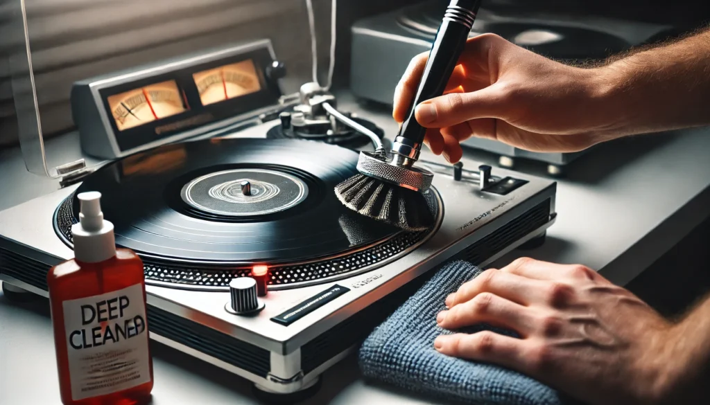 A vinyl record being deep cleaned with a cleaning solution and carbon fiber brush, with a microfiber cloth and record cleaning machine nearby
