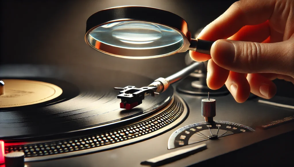 Close-up of a turntable's stylus being examined with a magnifying glass for wear or misalignment, with a two-point protractor tool nearby