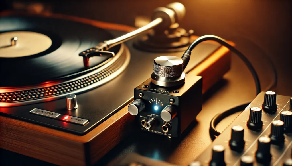 A turntable setup with an external preamp connected, showing cables and grounding wire attached, emphasizing the importance of boosting the turntable's signal
