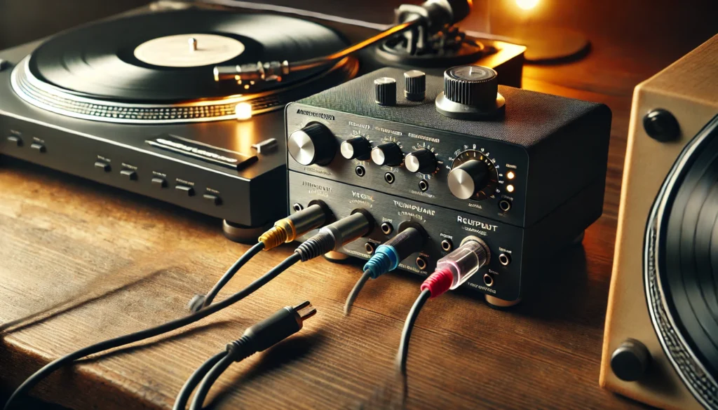 Close-up view of a phono preamp connected between a vinyl turntable and a receiver, with cables plugged into both. The setup is on a wooden surface with vinyl records nearby, in a cozy, well-lit space.