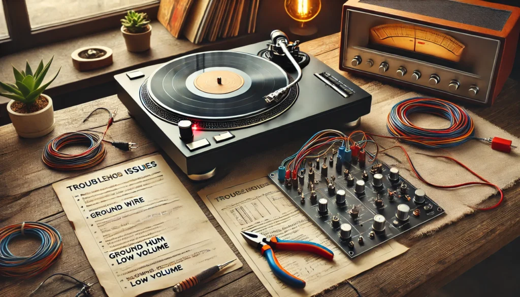 A vinyl turntable setup with troubleshooting in progress, showing the ground wire connected to the preamp and cables being checked. Manuals and tools are visible in a cozy, well-lit workspace.