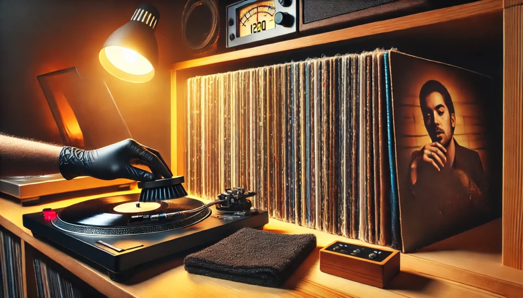 A neatly organized vinyl collection stored vertically on a shelf, with a carbon fiber brush cleaning a record. A record sleeve and a hygrometer are visible, emphasizing proper storage and care.