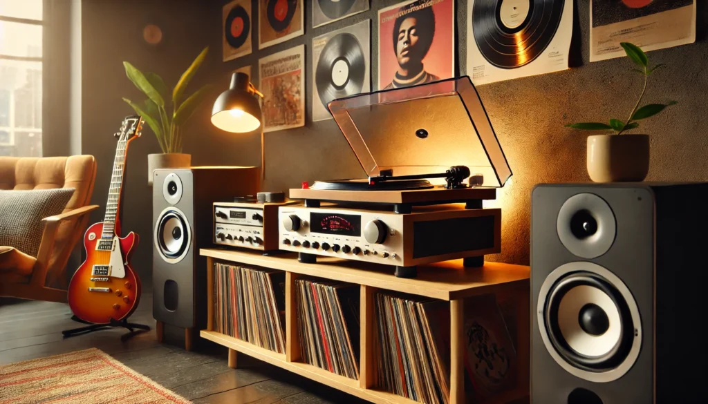 A cozy room setup with a modern turntable, amplifier, and bookshelf speakers, emphasizing the role of the amplifier in enhancing the vinyl experience.