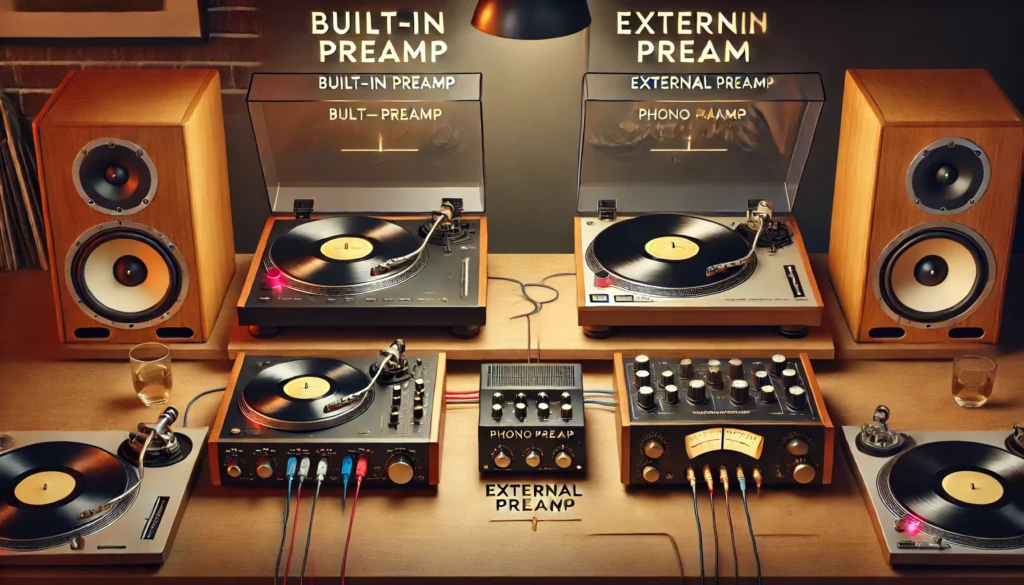 Side-by-side comparison of two turntables, one with a built-in preamp connected to powered speakers, and the other with an external preamp and amplifier setup.